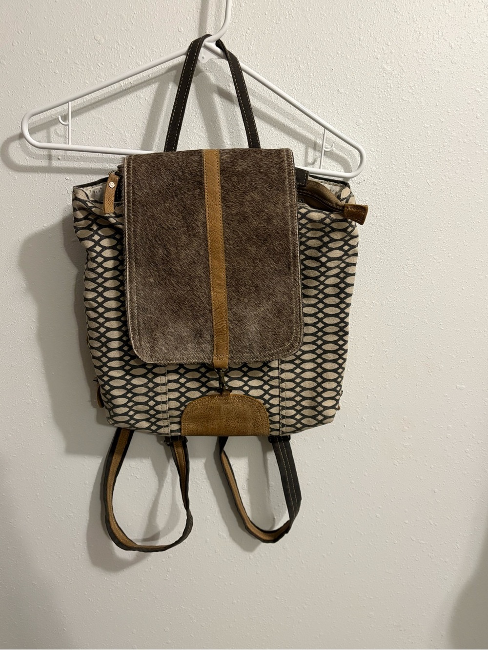 Myra Bag Cream and Brown Patterned Canvas Backpack